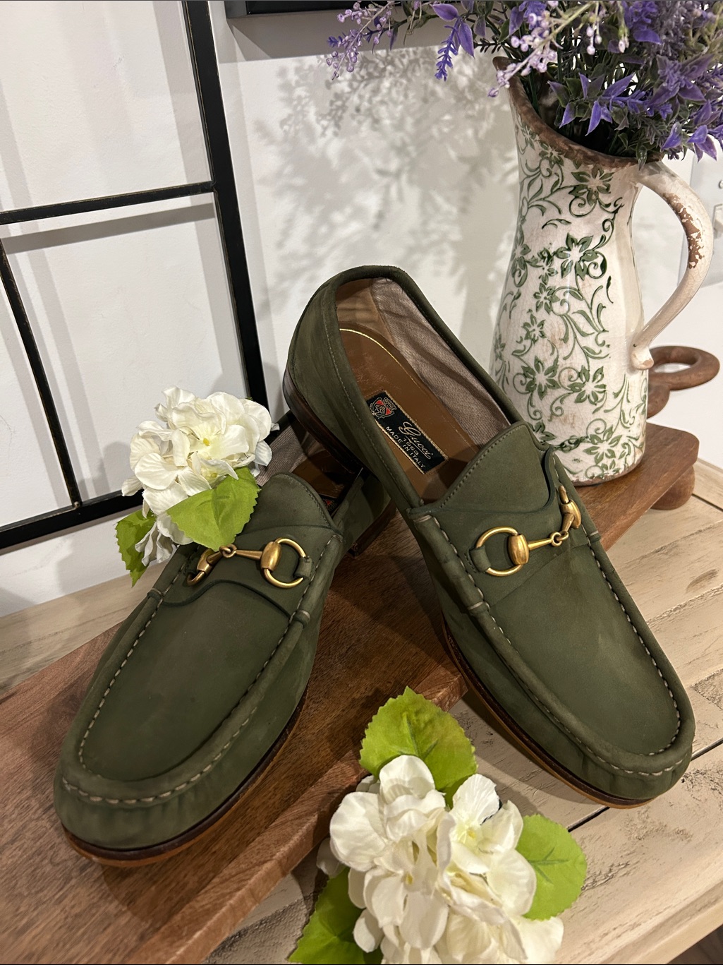 Gucci Olive Green Leather Horsebit Loafers